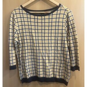 Ann Taylor Factory Houndstooth Plaid Sweater Navy Mustard Size X-Large